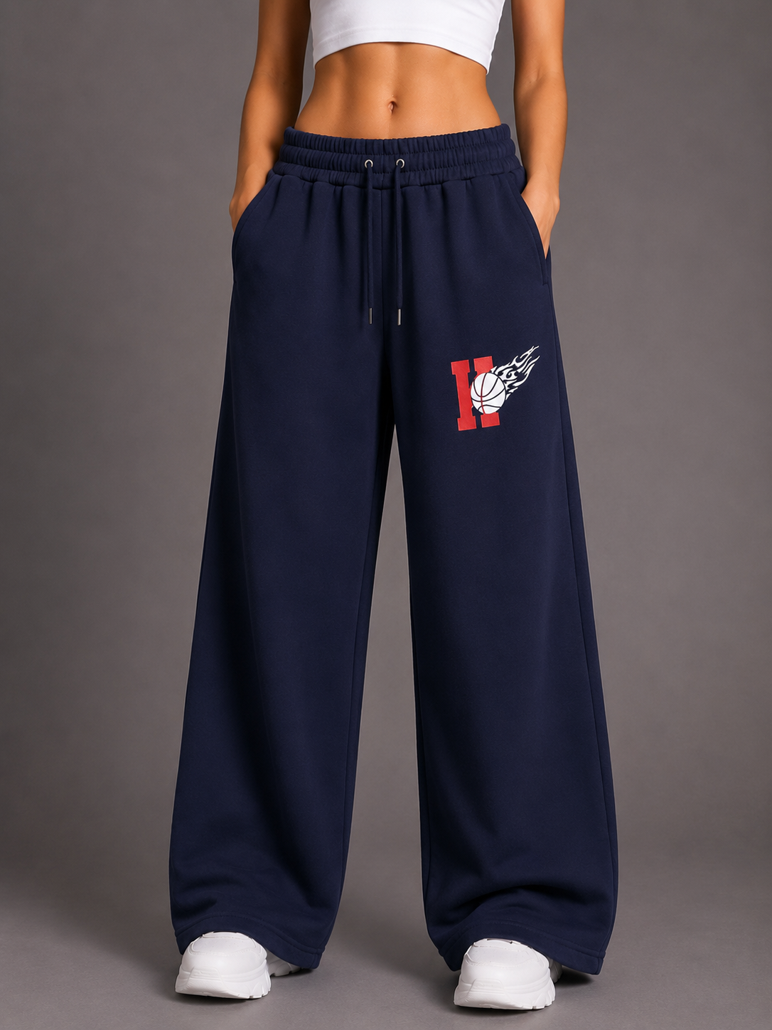 Navy Flame Wide-Leg Sweatpants